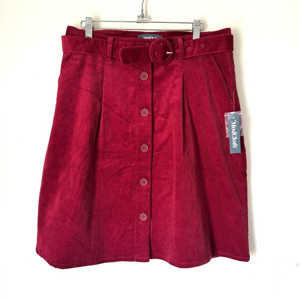 ModCloth Girl Detective Red A Line Belted Corduroy Skirt NWT